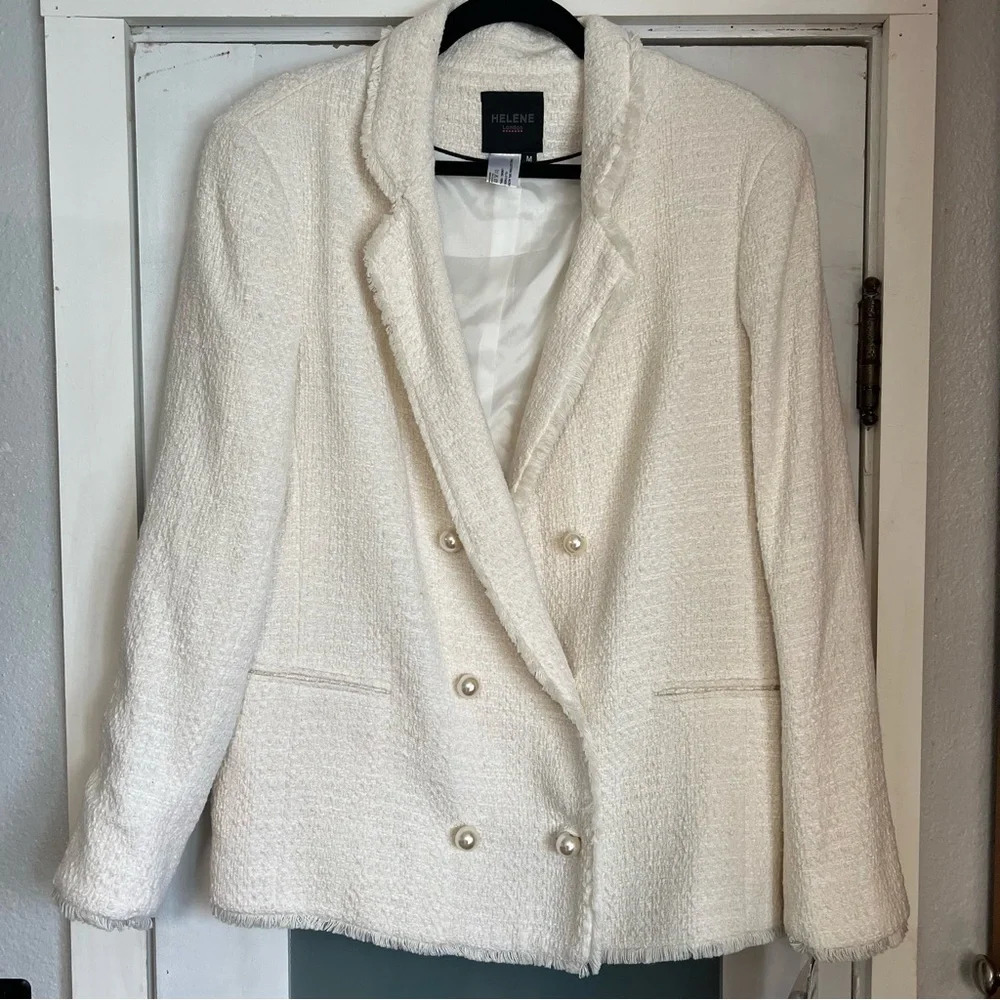 NWT Helene London Tweed Blazer Jacket Double Breasted Fringe Cream Pearl Medium